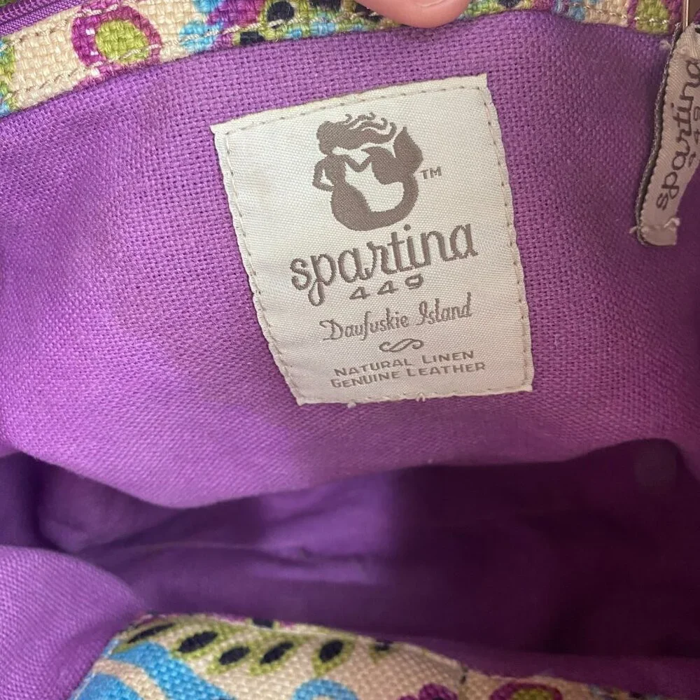 Spartina 449 Floral Multicolor Linen‎ Fabric with Black Leather Trim Tote Bag